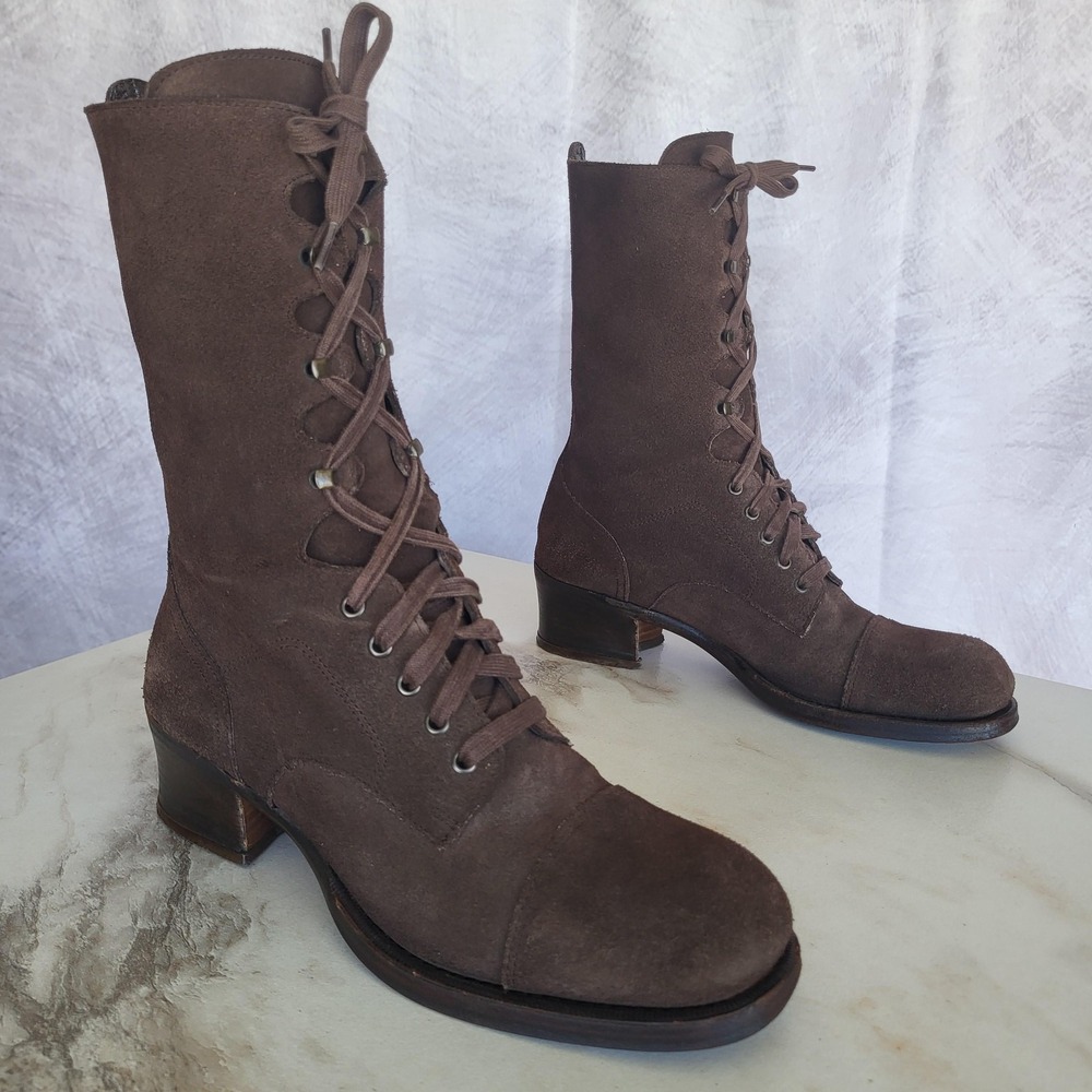 Stephane Kelian Tall Boots Womens Size 10 Brown Suede Lace Up Cap Toe Chunky